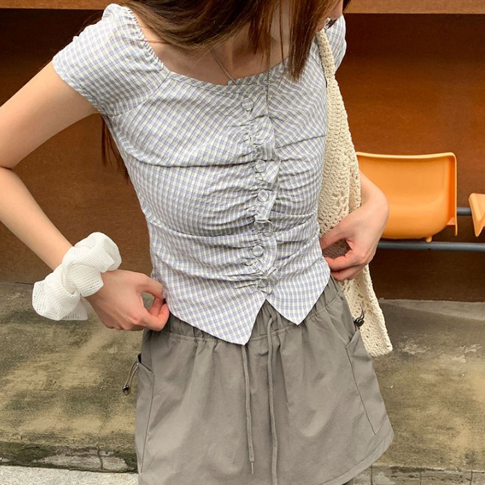 夏褶皱设计亮点格纹衬衫