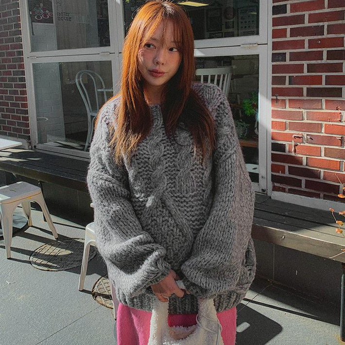 Cmy korea韩国代购女装 三色入麻花圆领套头中长款针织衫