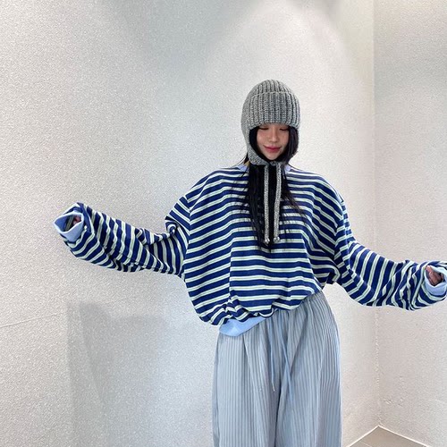 现货套头航海系穿搭条纹卫衣