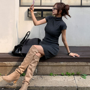 立领设计质感灰百搭修身 代购 连衣裙 korea韩国女装 Cmy