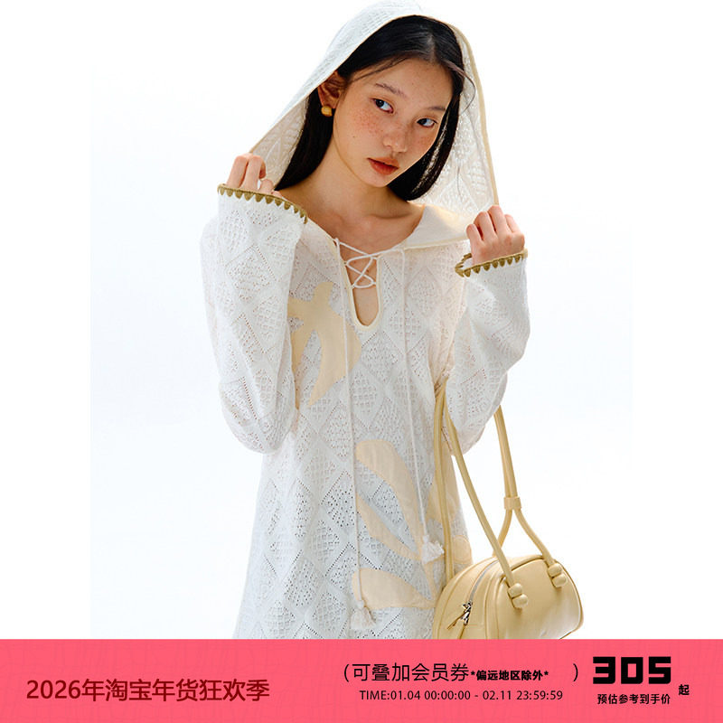 有耳uare原创设计 旷野的鸟 贴布手摇花飞鸟花卉针织连帽长袖T恤,女装/女士精品,毛针织衫,淘宝优惠券,粉丝福利购,淘宝优惠卷