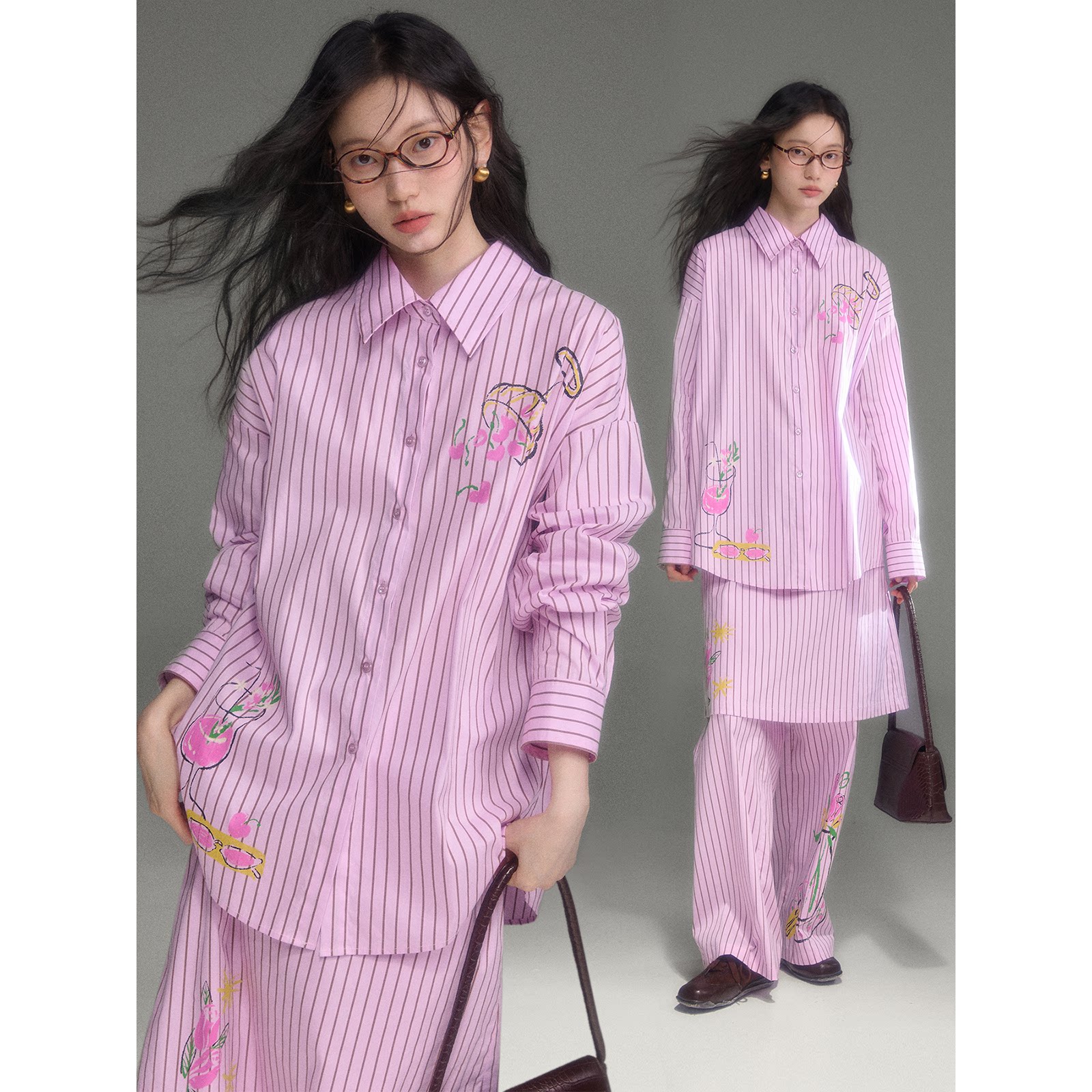 有耳uare粉条纹印花衬衫长裤套装图片