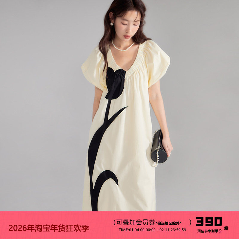 有耳uare原创设计 起司奶油郁金香 撞色拼花法式V领宽松连衣裙,女装/女士精品,连衣裙,淘宝优惠券,粉丝福利购,淘宝优惠卷