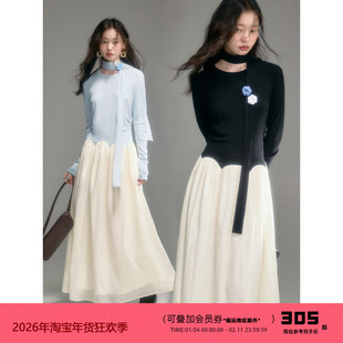 有耳uare原创设计 伯德小姐 可拆卸飘带手钩花针织拼接长袖连衣裙