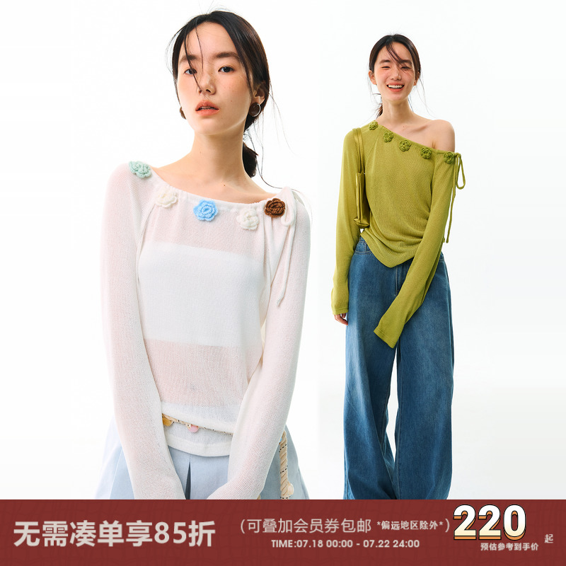 有耳uare立体手钩花斜肩罩衫T恤