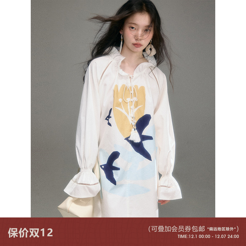 有耳uare郁金香飞鸟印花连衣裙