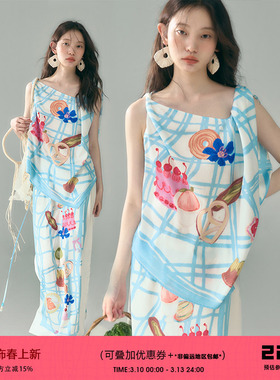 有耳uare x膨胀面包 一起野餐嘛 格子面包印花缎面上衣半身裙套装