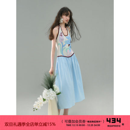 有耳uare原创设计 杜乐丽花园 百合提花天丝棉拼接挂脖无袖连衣裙