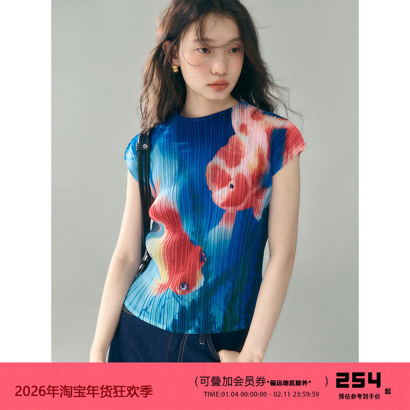 有耳uare原创设计 金鱼游弋 复古新中式印花压褶上衣短袖褶皱T恤,女装/女士精品,背心吊带,淘宝优惠券,粉丝福利购,淘宝优惠卷