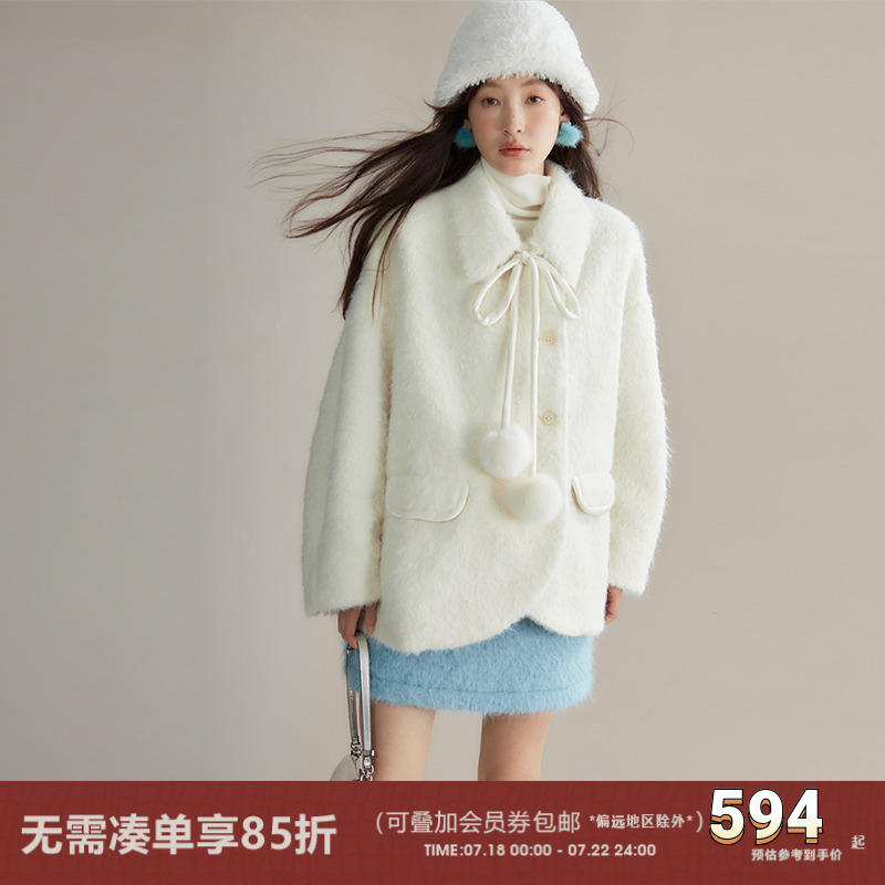 有耳uare狐狸毛球系带毛茸茸外套