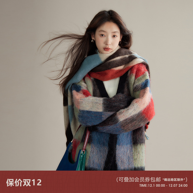 有耳uare氛围感格纹针织毛衣外套