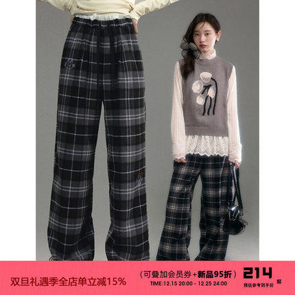 有耳uare原创设计 花心小猫Citywalk 刺绣格子毛呢休闲裤长裤