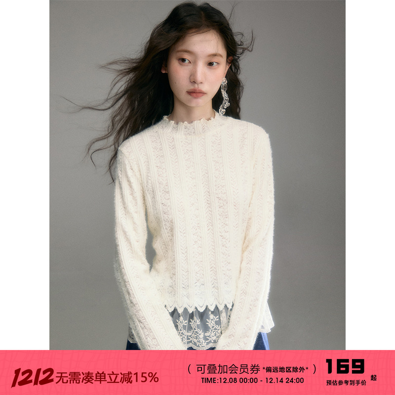 有耳uare蕾丝拼接针织打底上衣