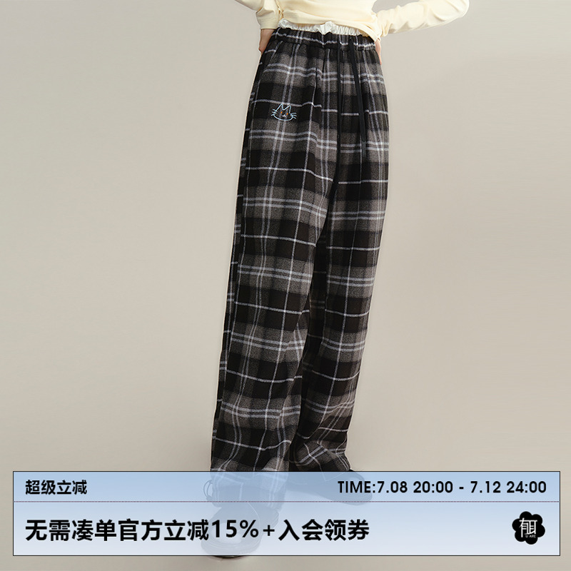 有耳uare联名格子刺绣毛呢休闲裤