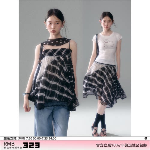 有耳uare两穿格子波点印花吊带