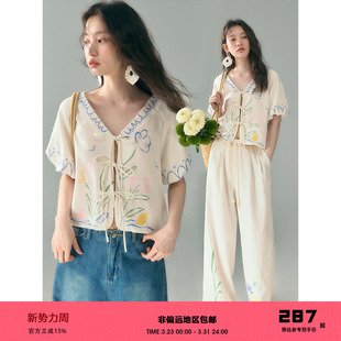 套装 有耳uare原创设计 上衣长裤 天丝亚麻印花绑带短袖 朝露郁金香