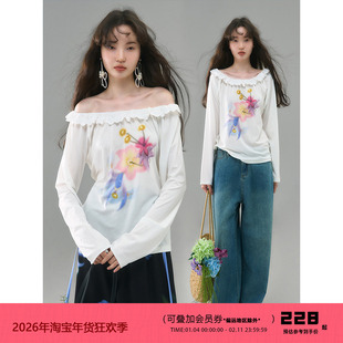 有耳uare原创设计 花火弥散 两穿弥散风手绘印花斜肩天丝长袖T恤