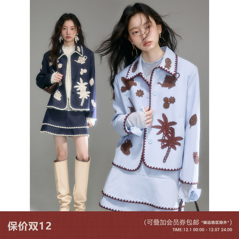 有耳uare钩花绣花西装夹克外套