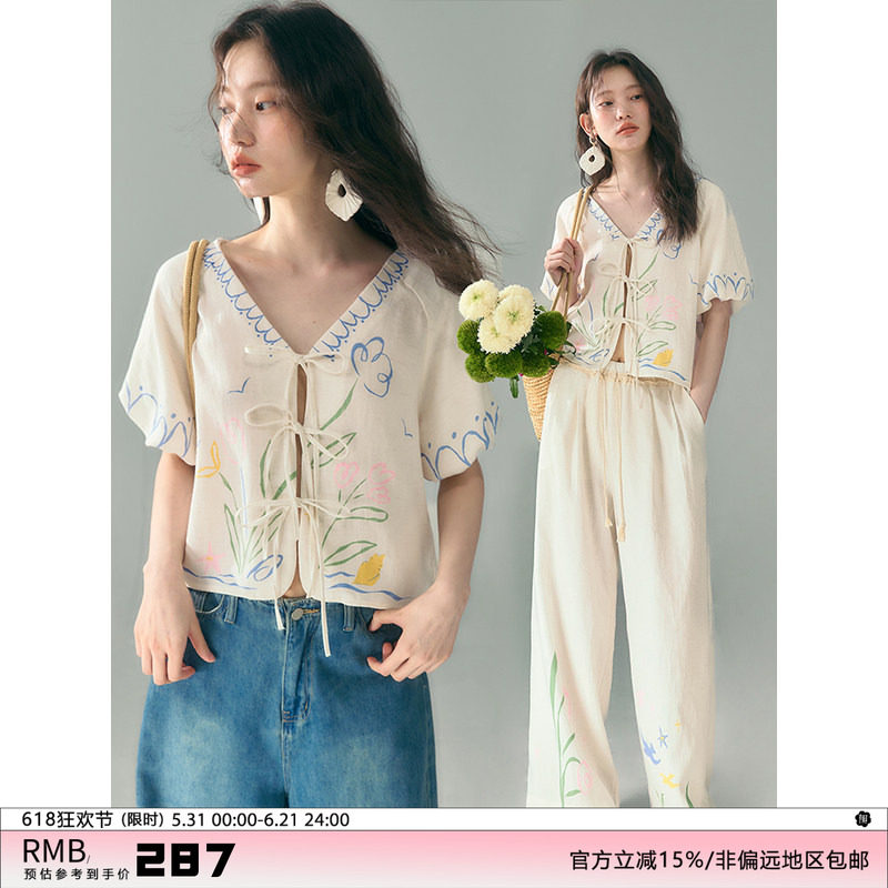 有耳uare原创设计 朝露郁金香 天丝亚麻印花绑带短袖上衣长裤套装