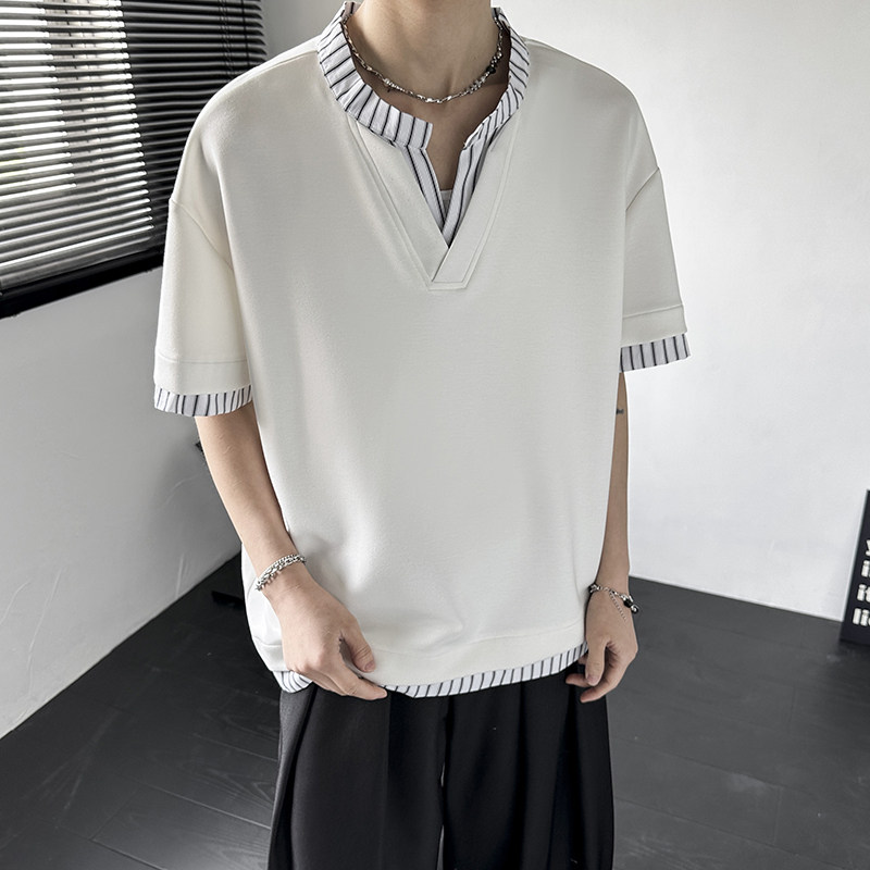 夏季假两件条纹拼接V领短袖T恤男士潮流宽松情侣装时尚半袖体恤衫