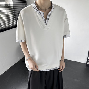 夏季假两件条纹拼接V领短袖T恤男士潮流宽松情侣装时尚半袖体恤衫