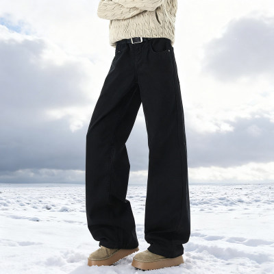 秋冬季黑色加绒加厚牛仔裤男潮流宽松直筒休闲牛仔阔腿裤男款裤子