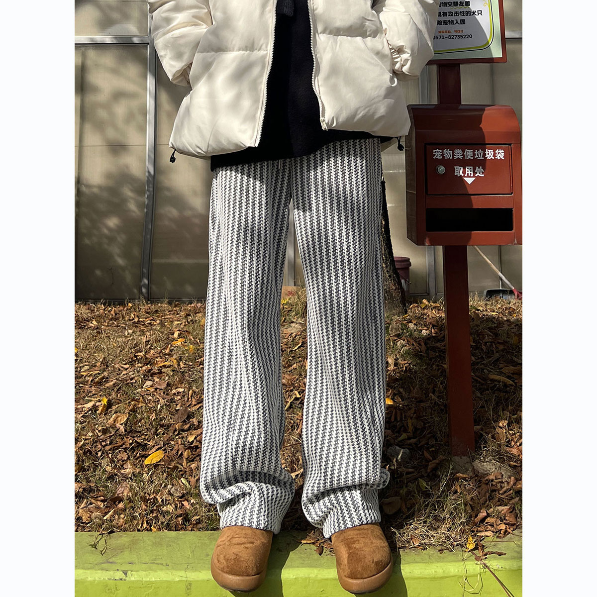 冬季加绒加厚裤子男士直筒条纹肌理感保暖宽松百搭休闲裤运动卫裤