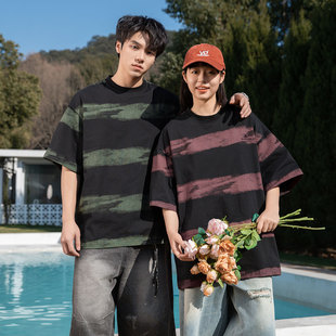 夏季扎染条纹短袖T恤男生潮牌潮流宽松情侣装帅气个性时尚体恤衫
