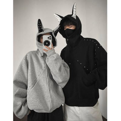 青港的风 秋季500G重磅耳朵连帽卫衣男士潮流铆钉拼接情侣装外套