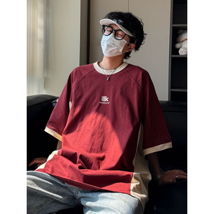 T恤男生潮流字母印花美式 280G撞色拼接短袖 宽松上衣 新款 2026夏季