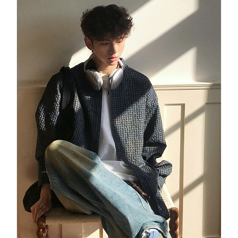 2025春季新款长袖细格子衬衫男生潮流小清新文艺百搭宽松衬衣外套