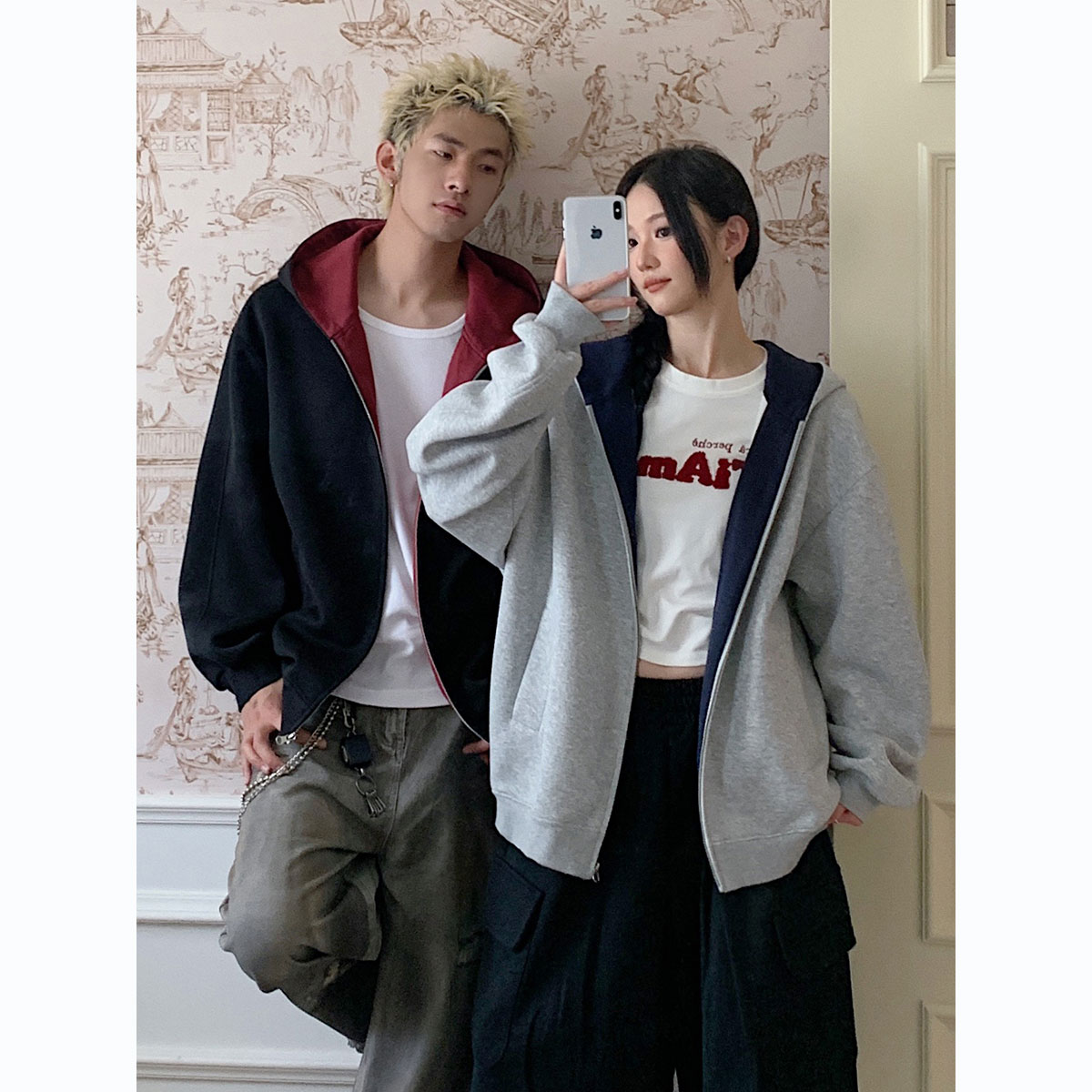 秋季加绒加厚连帽卫衣男生秋冬款潮流时尚撞色情侣装宽松开衫外套