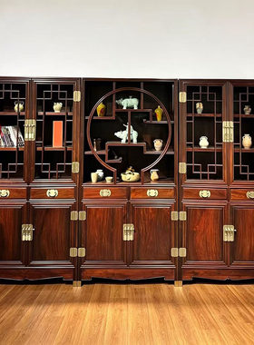 大红酸枝明式三组合书柜中式全实木多宝阁储物柜展示柜红木家具