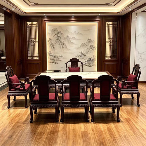大红酸枝云石事事如意干泡茶桌八件套新中式实木客厅茶桌椅组合