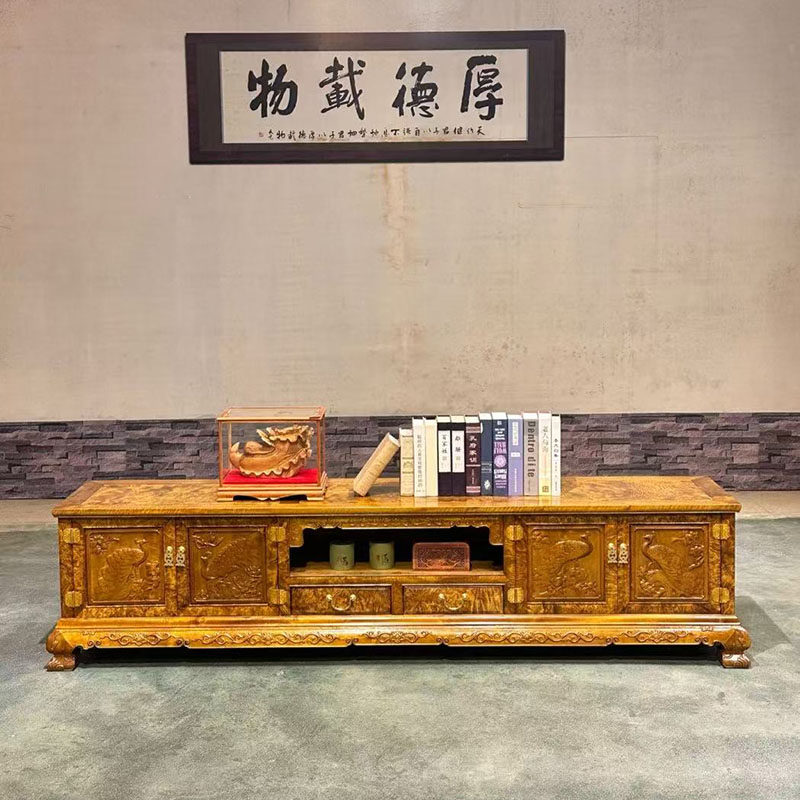 黄金樟雕花鸟电视柜新中式客厅地柜矮柜视听柜影视柜红木家具