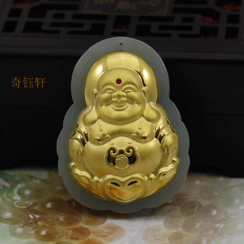 【奇钰轩】天然和田玉韩料金镶玉吊坠挂件--弥勒佛