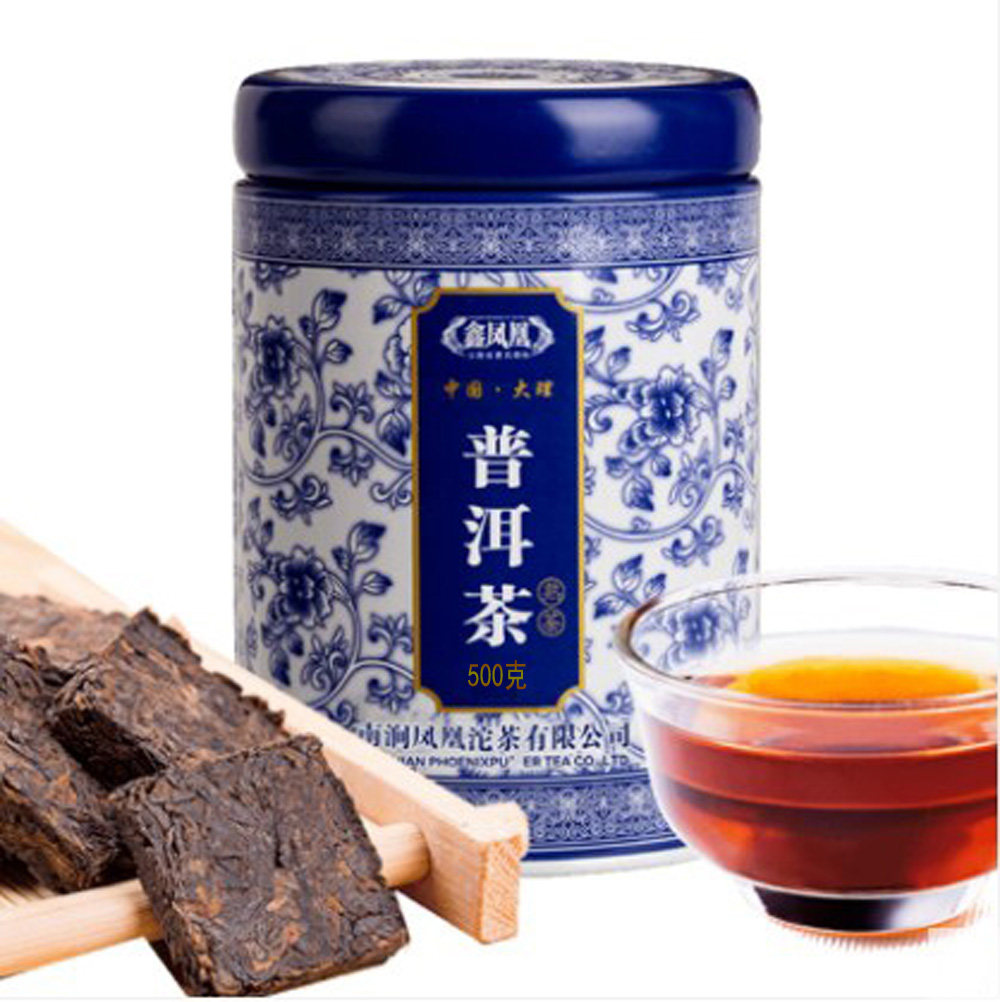 咨询优惠去年产鑫凤凰普洱熟茶桶装茶大叶种1-3年原料熟砖茶500g