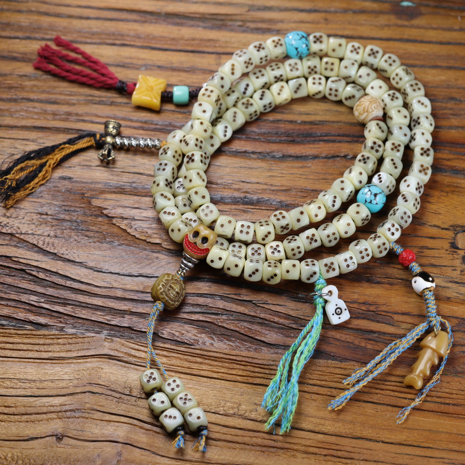 西藏传回流天然牦牛骨雕刻骰子108佛珠念珠脖挂藏式文玩男女项链