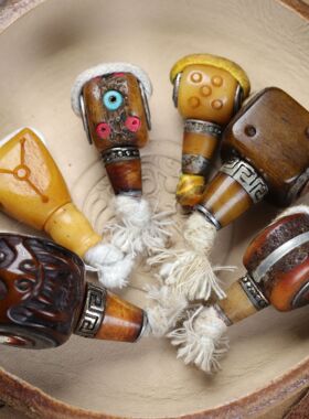 西藏式天然老料牦牛骨三通老银镶嵌骰子文玩DIY佛珠饰品佛头配件