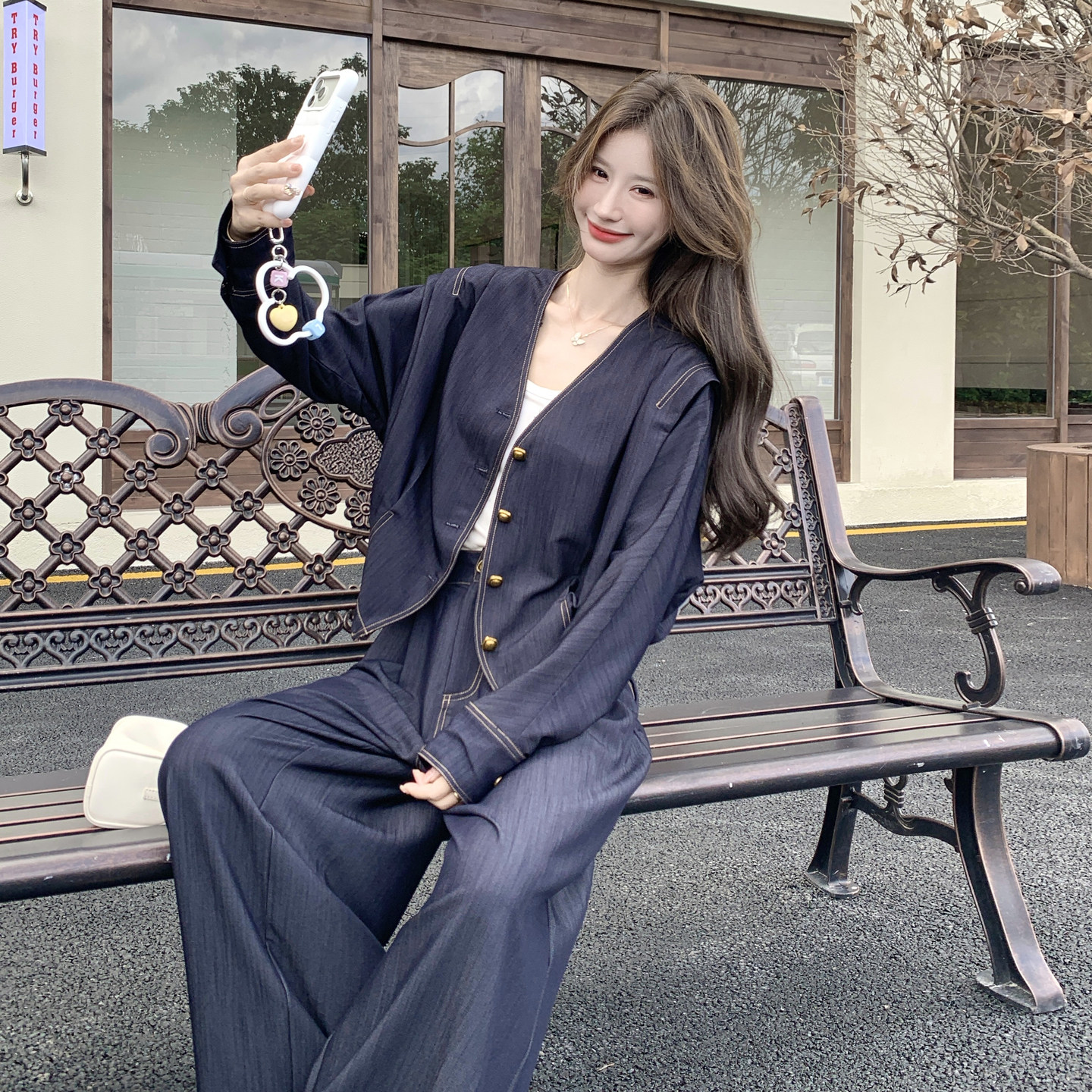 2026秋季气质休闲套装女深蓝色V领外套阔腿裤两件套高级感穿搭