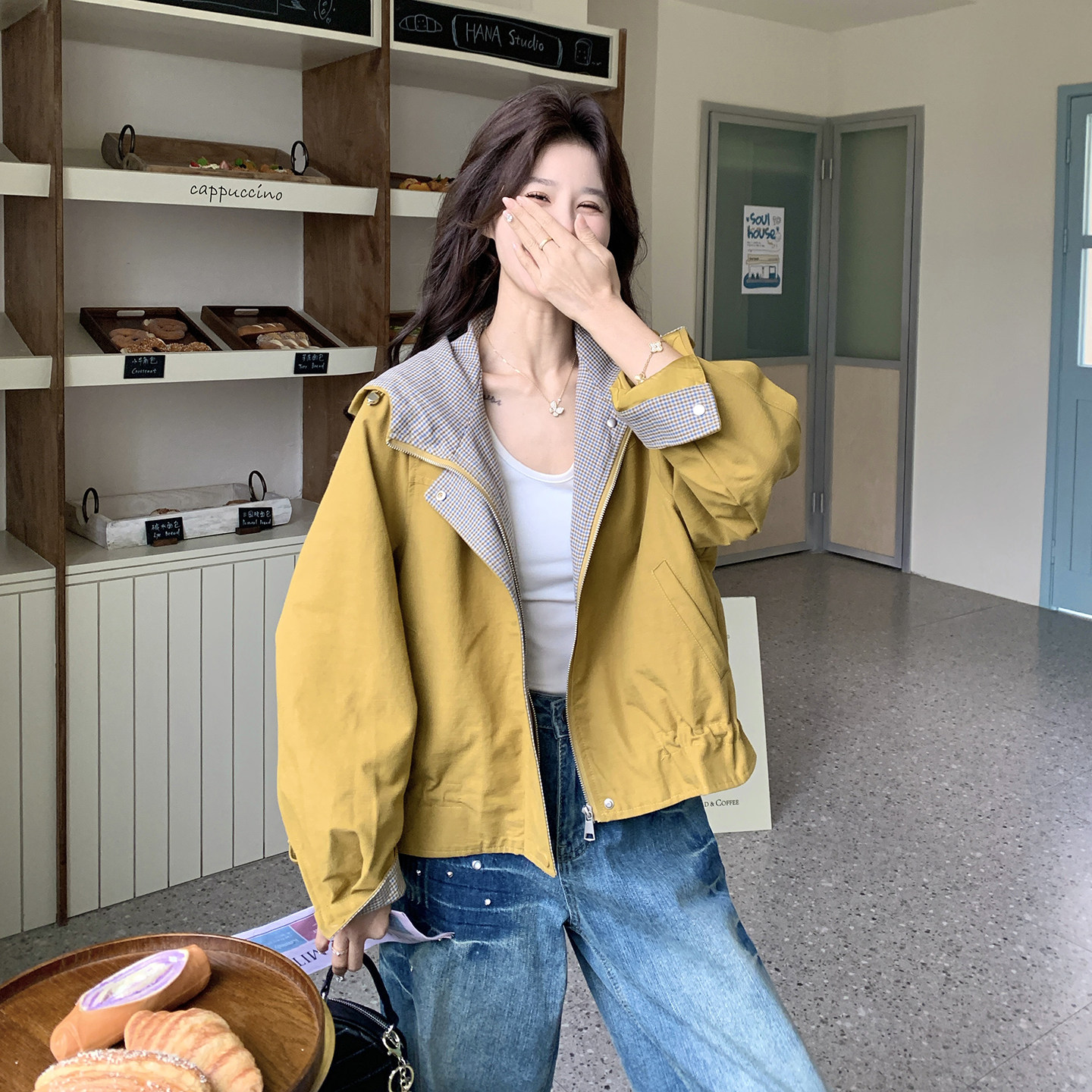韩版连帽假两件格子短外套女减龄