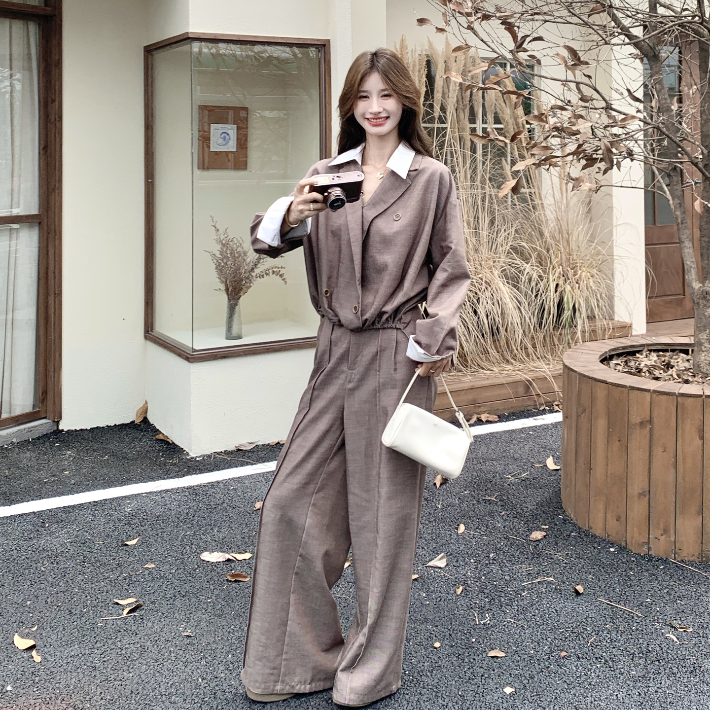 复古简约风高腰阔腿裤女2026秋季垂坠感显瘦休闲裤外套上衣两件套