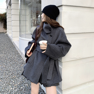 韩系灰色立领中长款毛呢外套女2025冬季收腰双面呢子短款宽松大衣