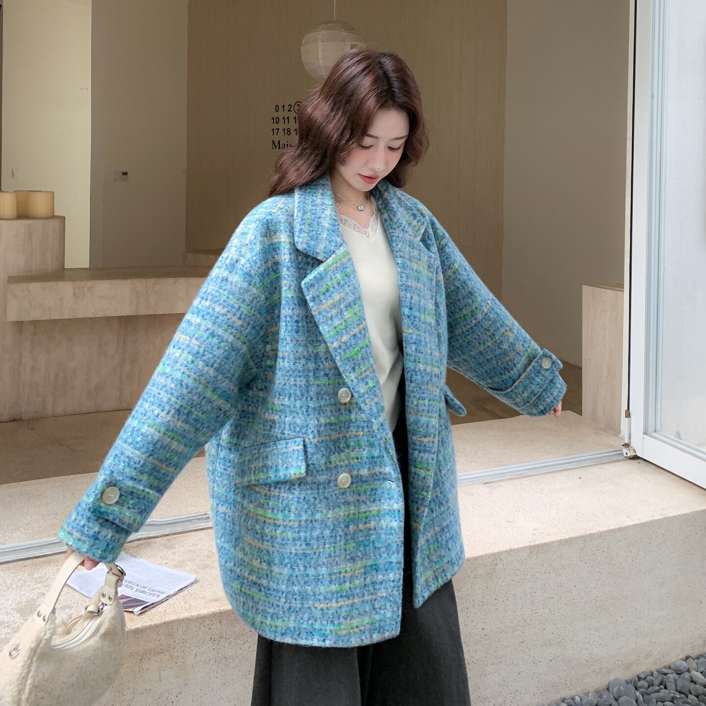 韩版格纹毛呢双排扣显瘦短西装