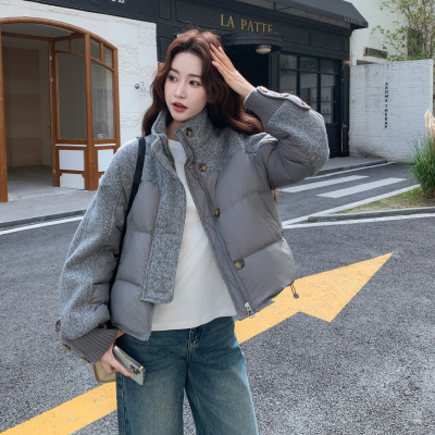 韩版灰色毛呢拼接羽绒服
