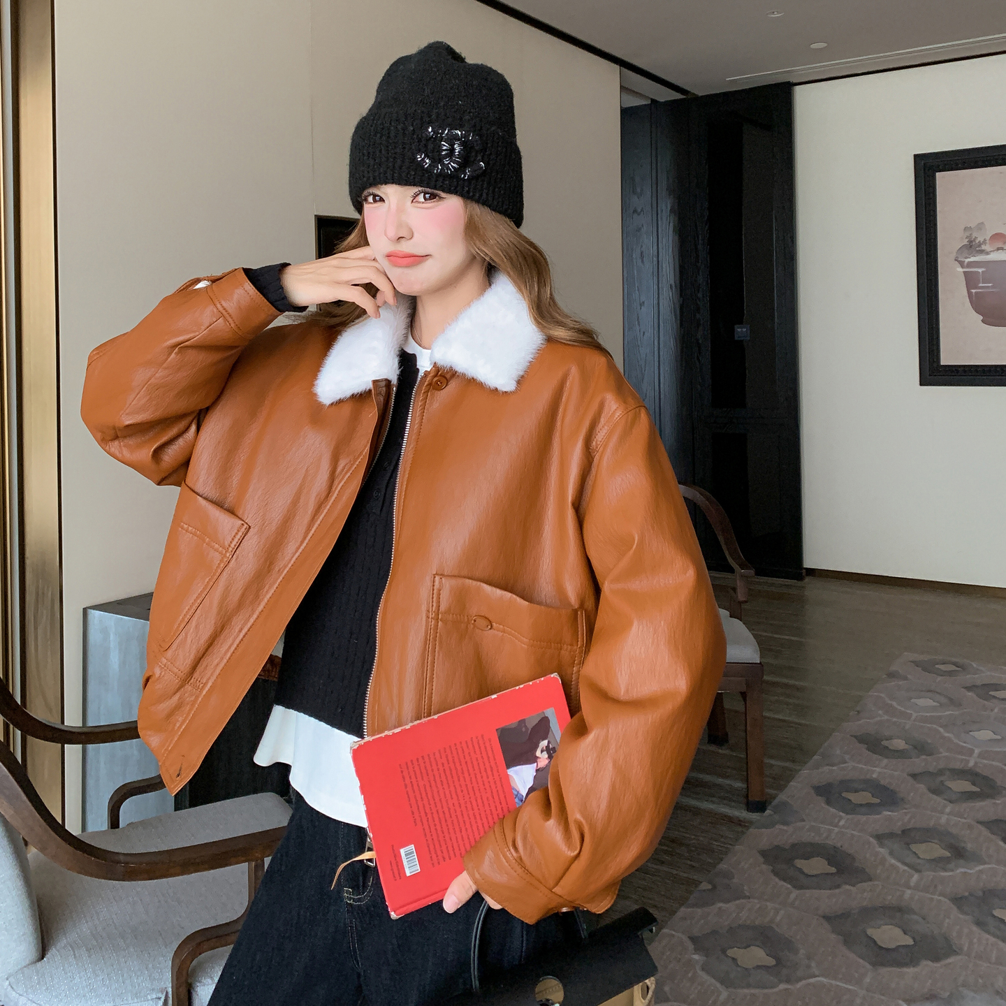 复古羊羔毛翻领皮衣羽绒服外套