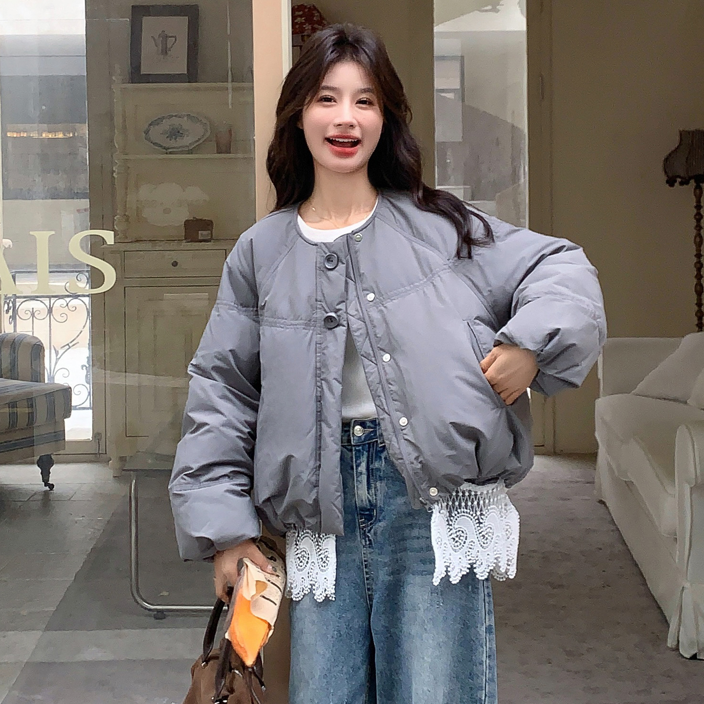 韩版蕾丝下摆拼接灰色短款羽绒服女2025冬季新款90白鸭绒保暖外套