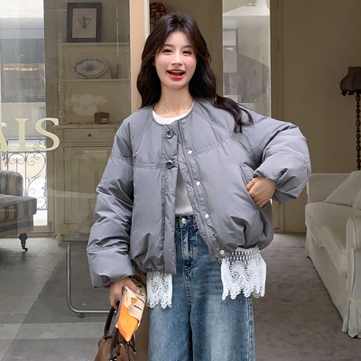 韩版蕾丝拼接短款90白鸭绒羽绒服