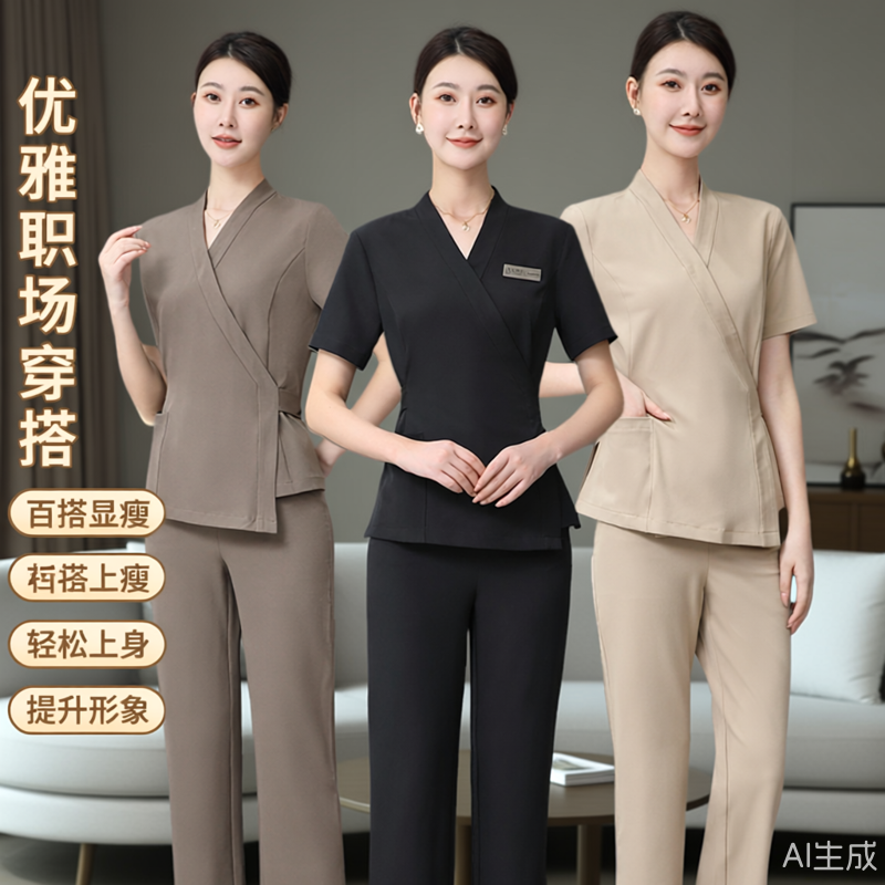 春夏新款高端美容师工作服女气质养生足浴疗按摩SPA会所技师套装