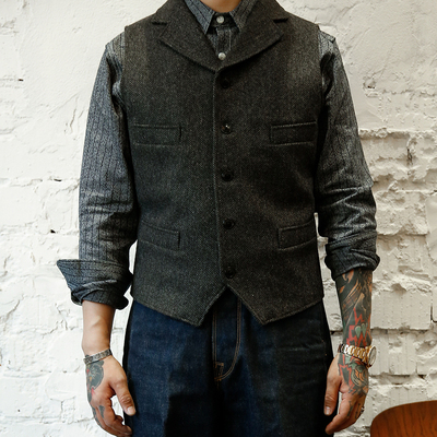 秋冬新款美式黑帮复古粗花呢马甲